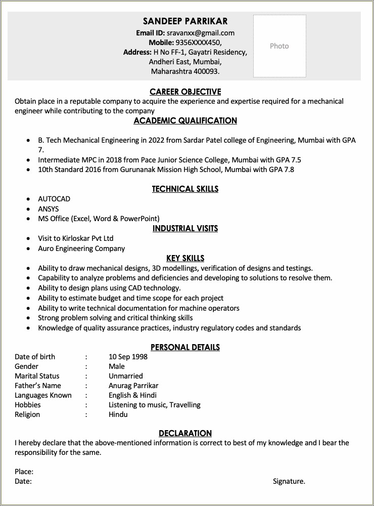 Resume Summary For Mechanical Engineer Fresher
