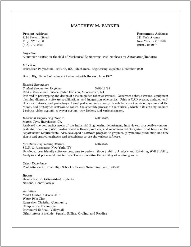 Resume Summary For Mechanical Engineer Phd