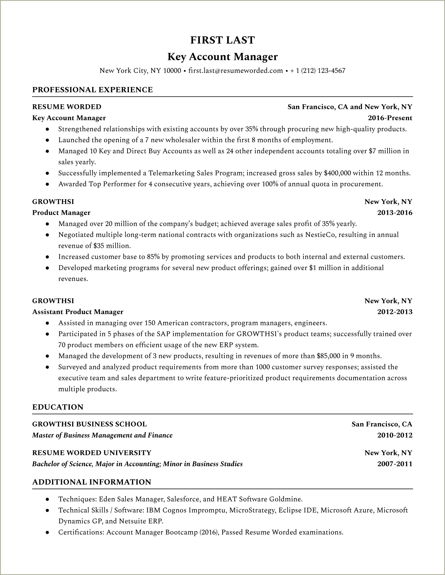 Resume Summary For National Account Manager
