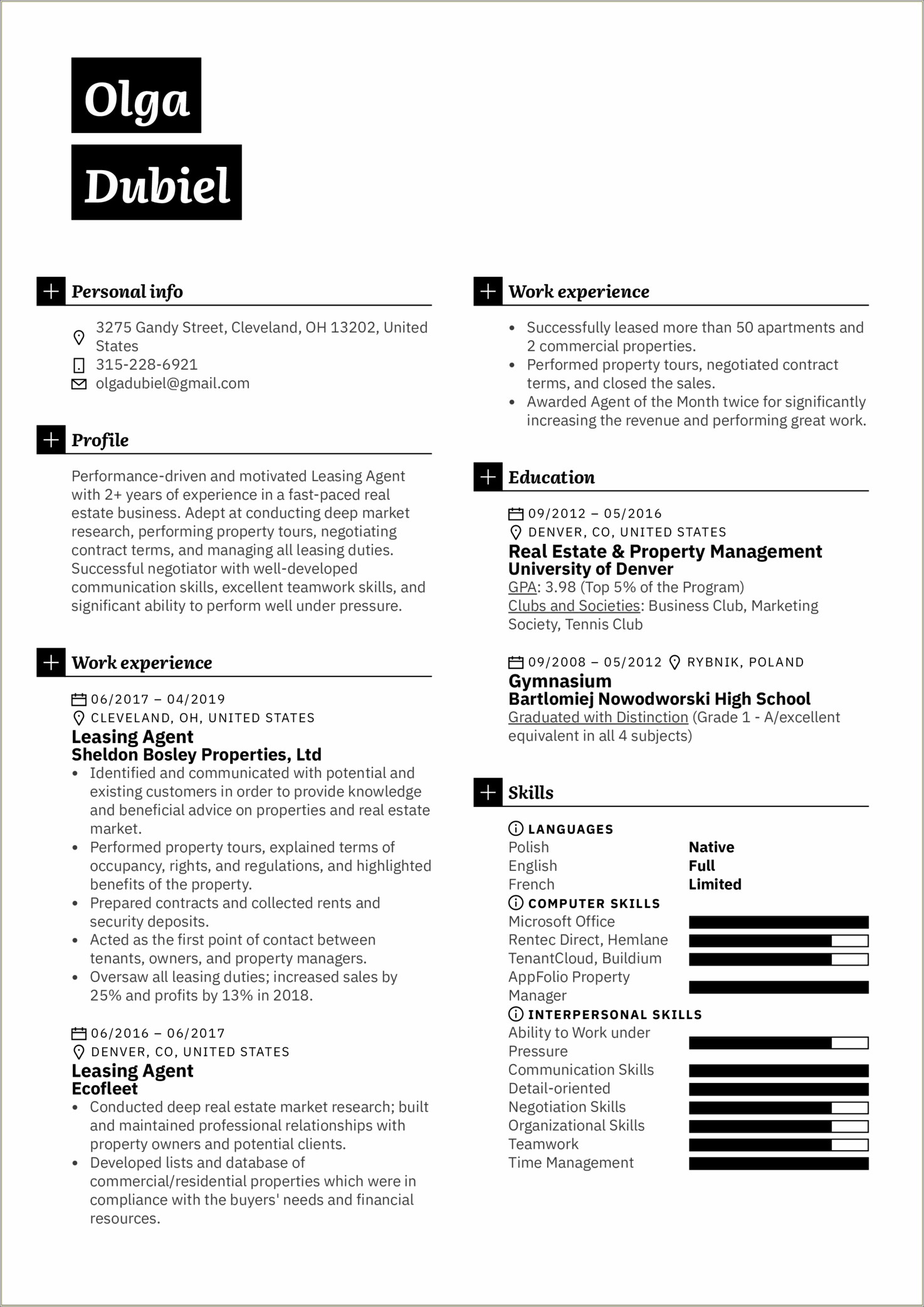 Resume Summary For Real Estate Agent