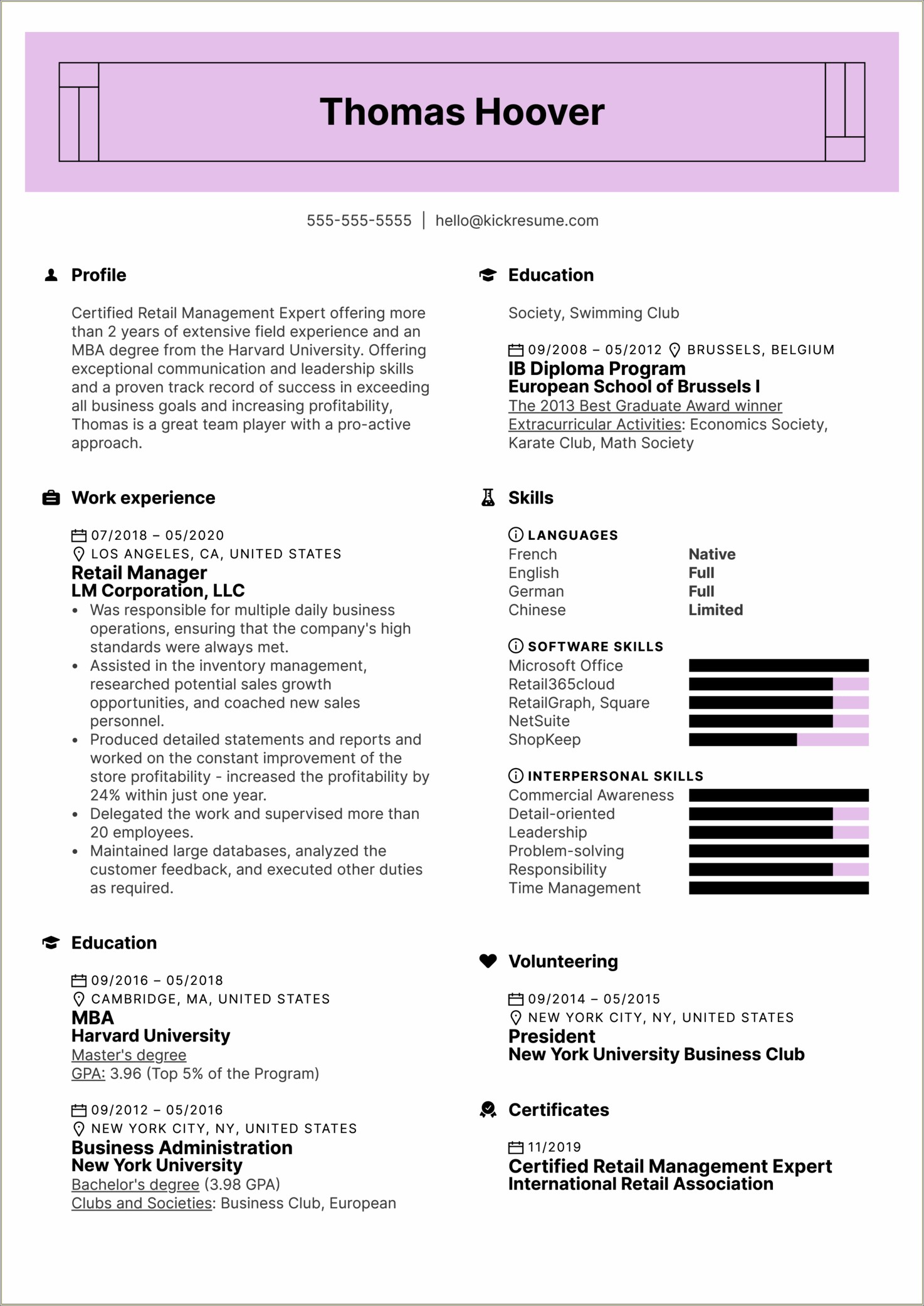 Resume Summary For Retail Management And Customer Service