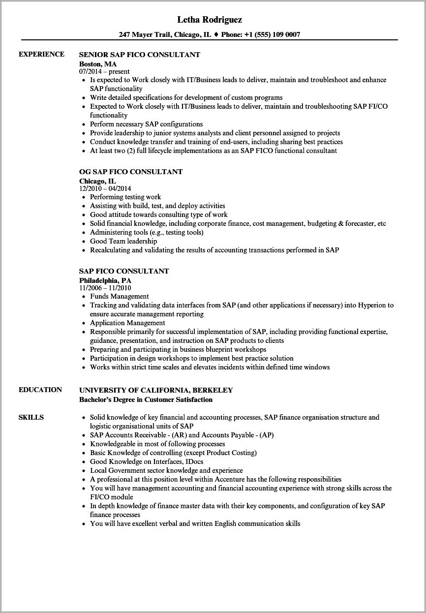 Resume Summary For Sap Fico Consultant