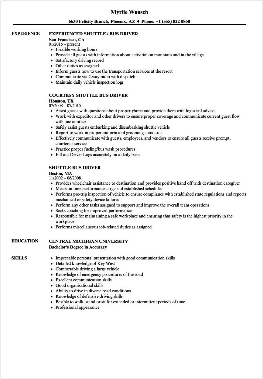 Resume Summary For School Bus Driver