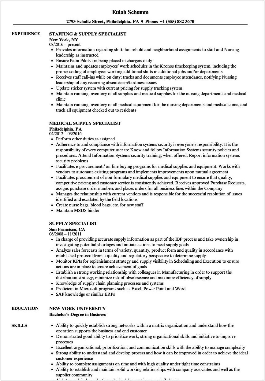 Resume Summary For Unit Supply Specialist