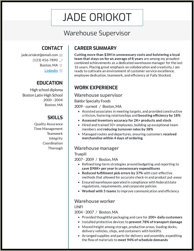 Resume Summary For Warehouse Lead Hand Example
