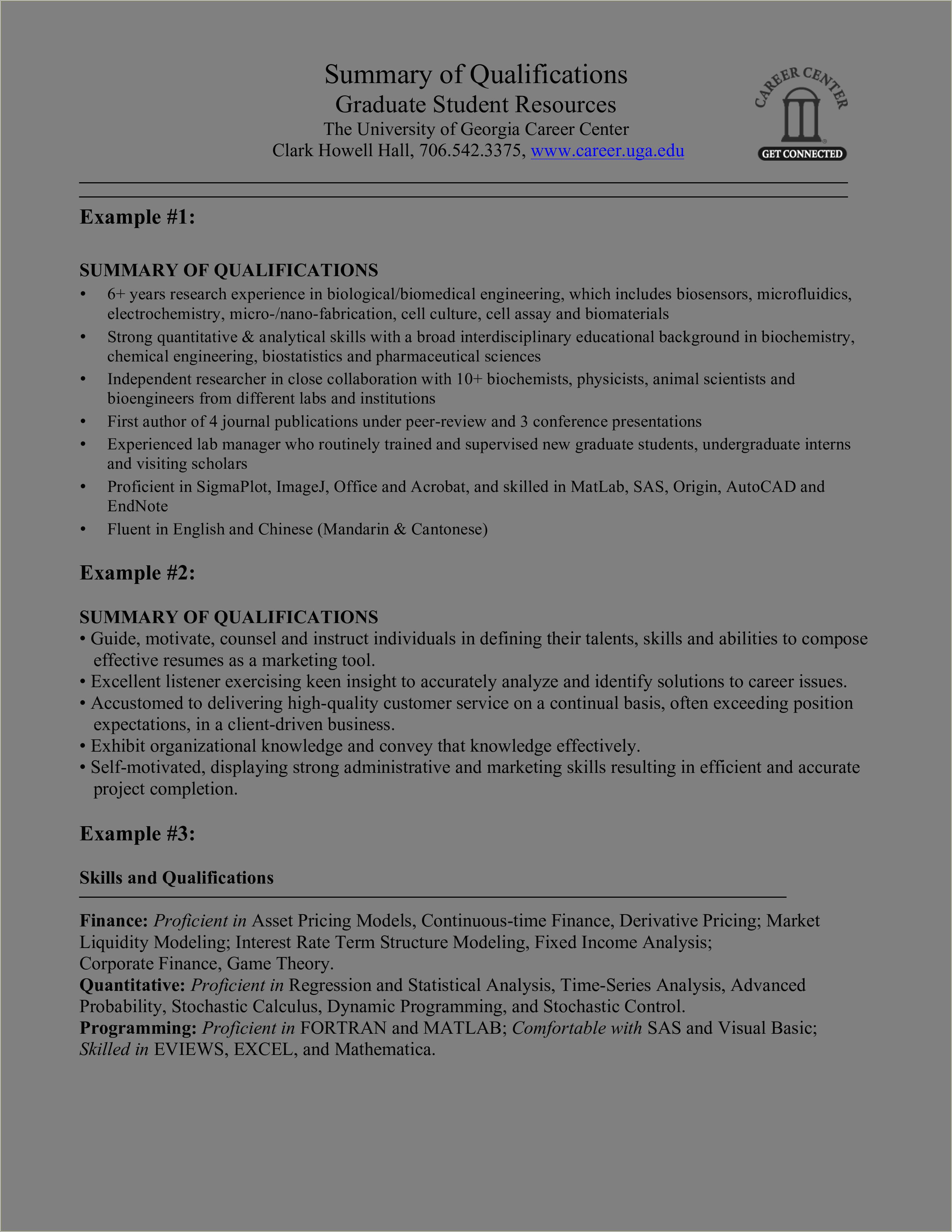 Resume Summary Graduate Student Working Full Time