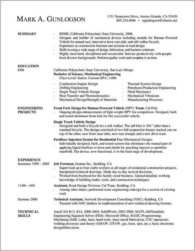 Resume Summary Of Entry Level Mechanical Engineer