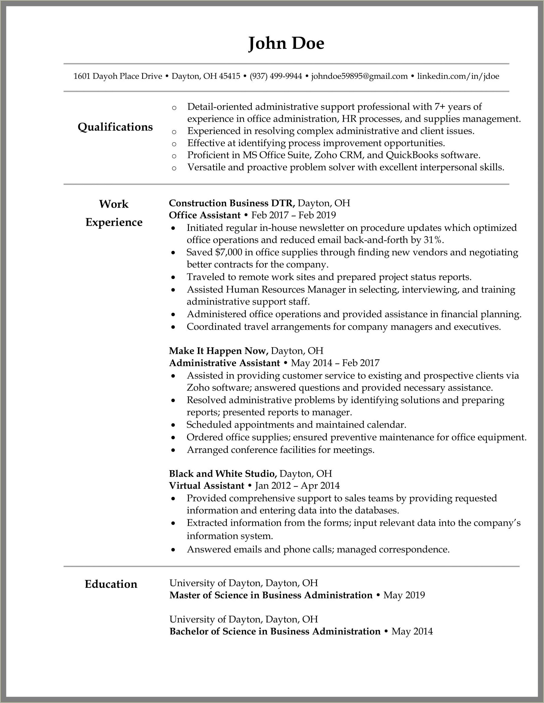 Resume Summary Of Qualifications Administrative Assistant