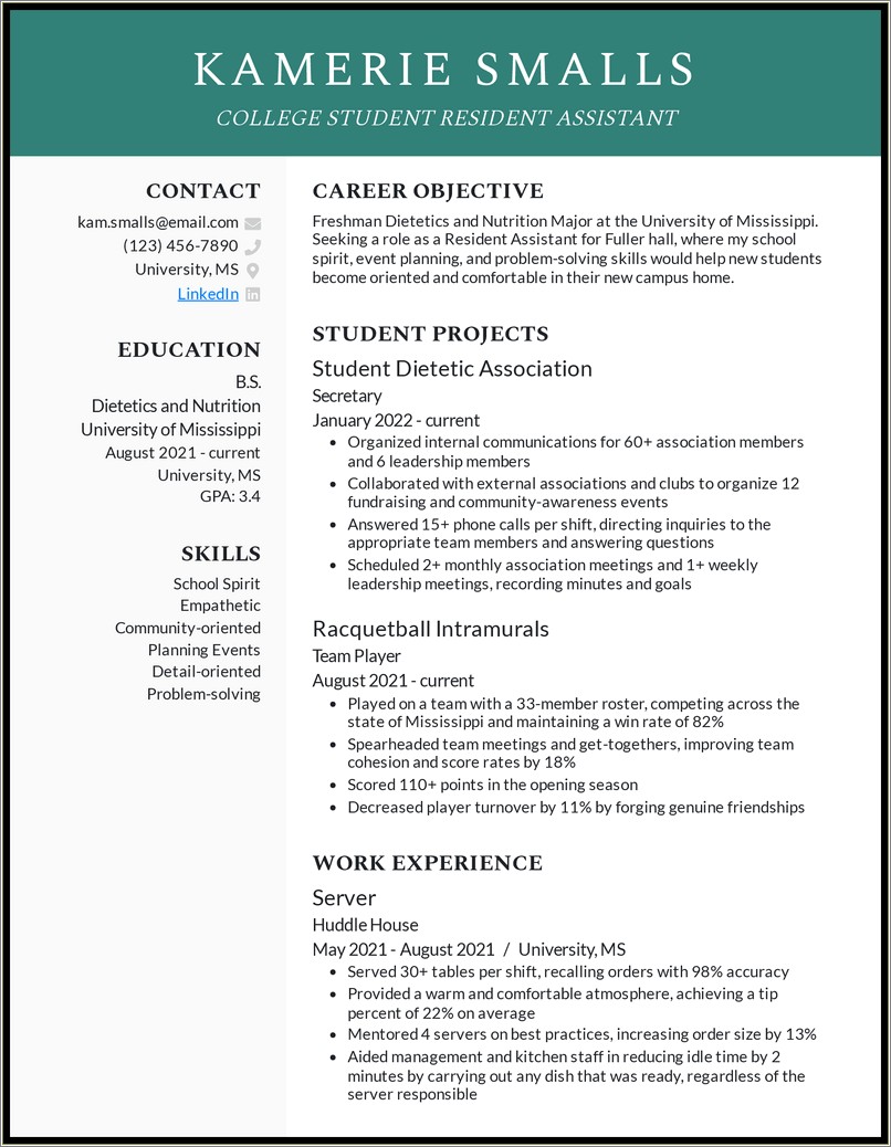 Resume Summary Samples For College Freshman