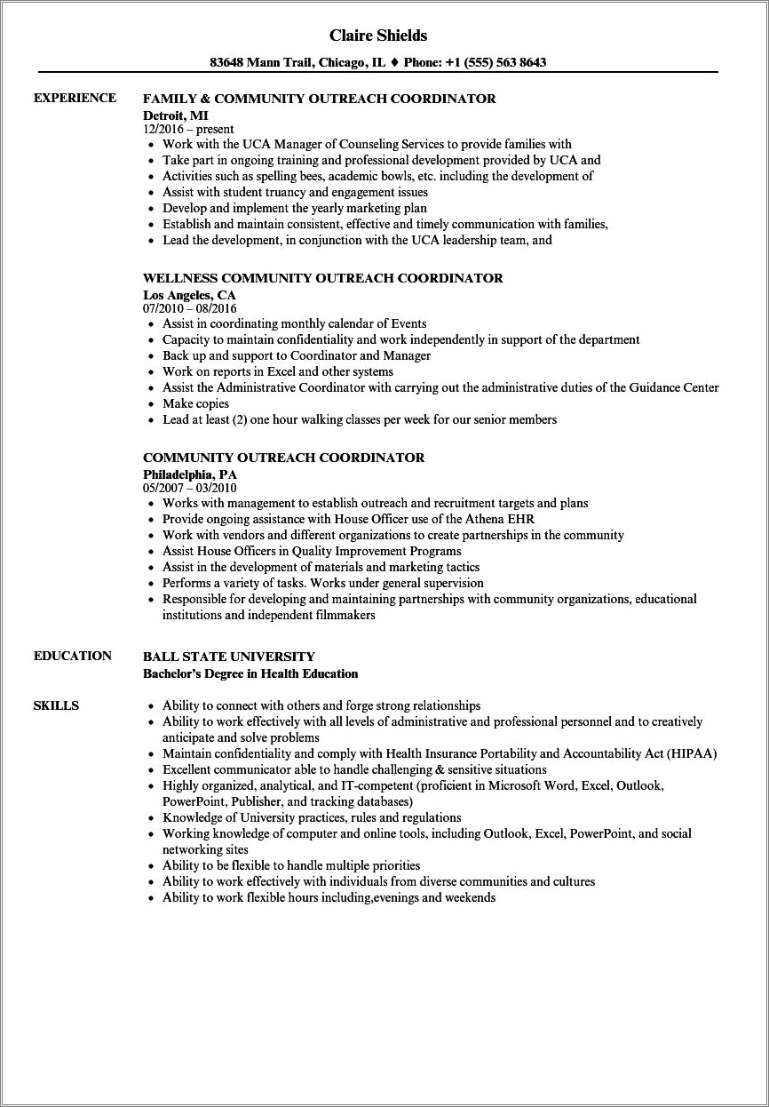 Resume Summary Section For Outreach Coordinator