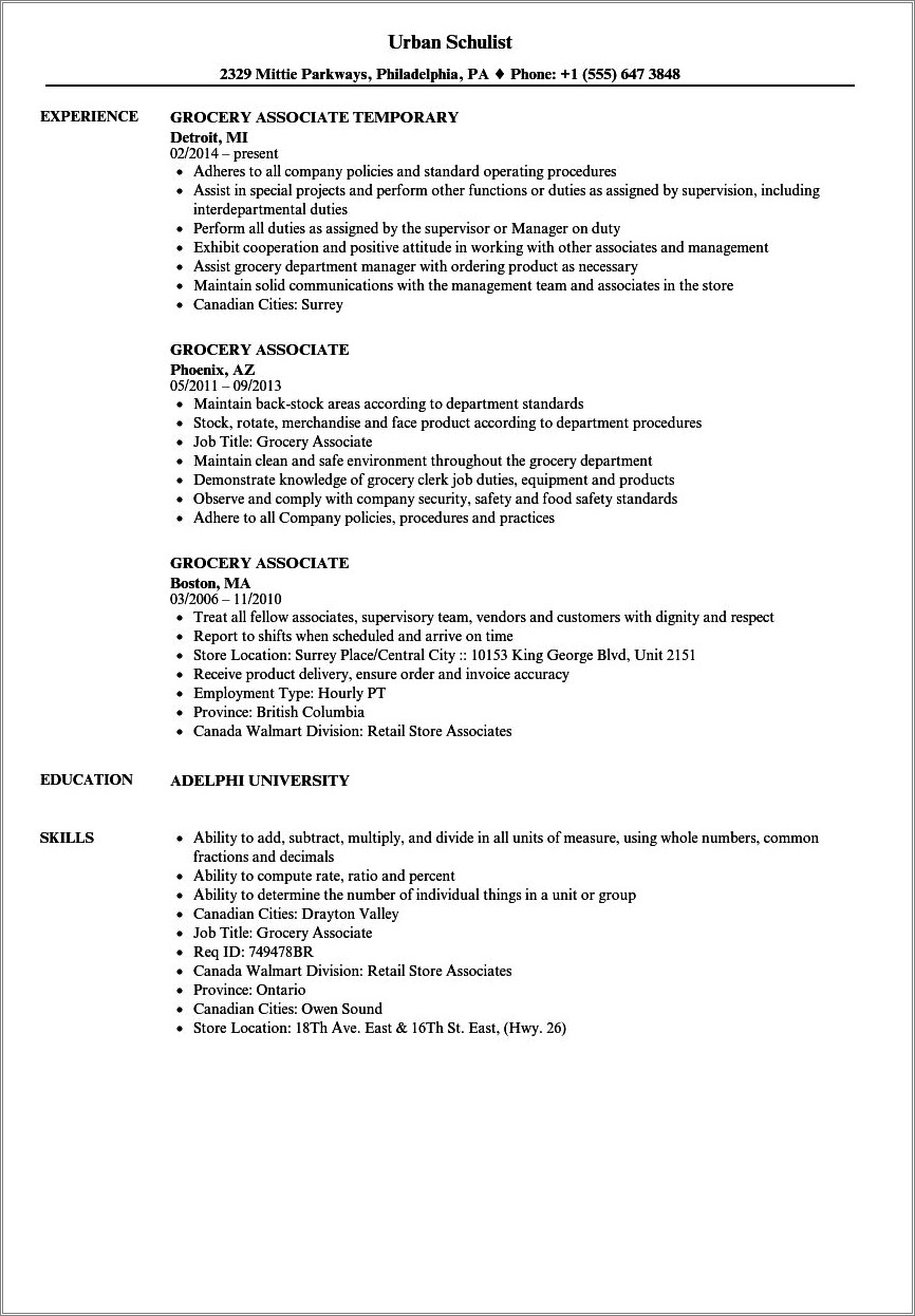 Resume Summary Skills Examples For Grocery