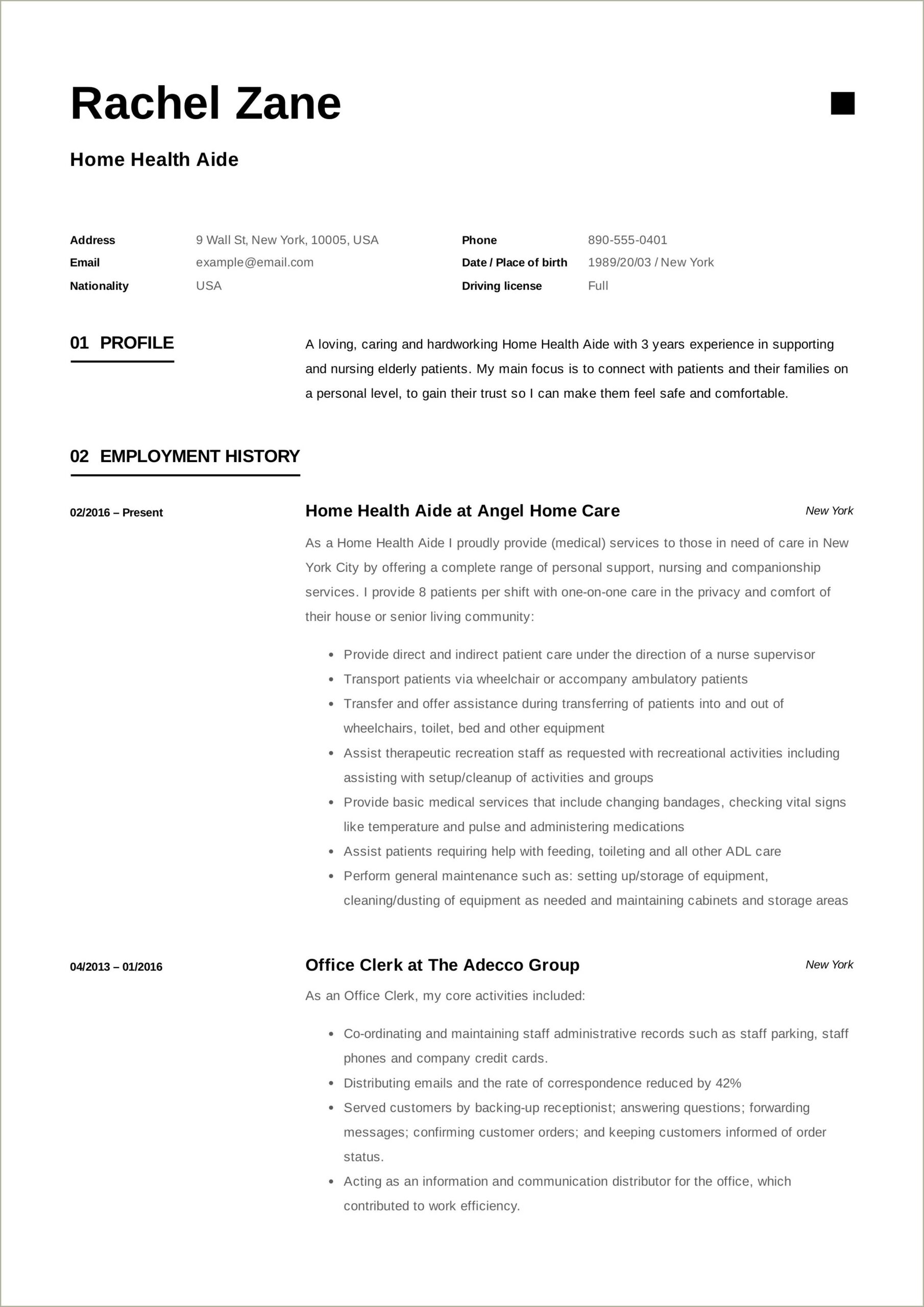 Resume Summary Statement For Home Health Aide