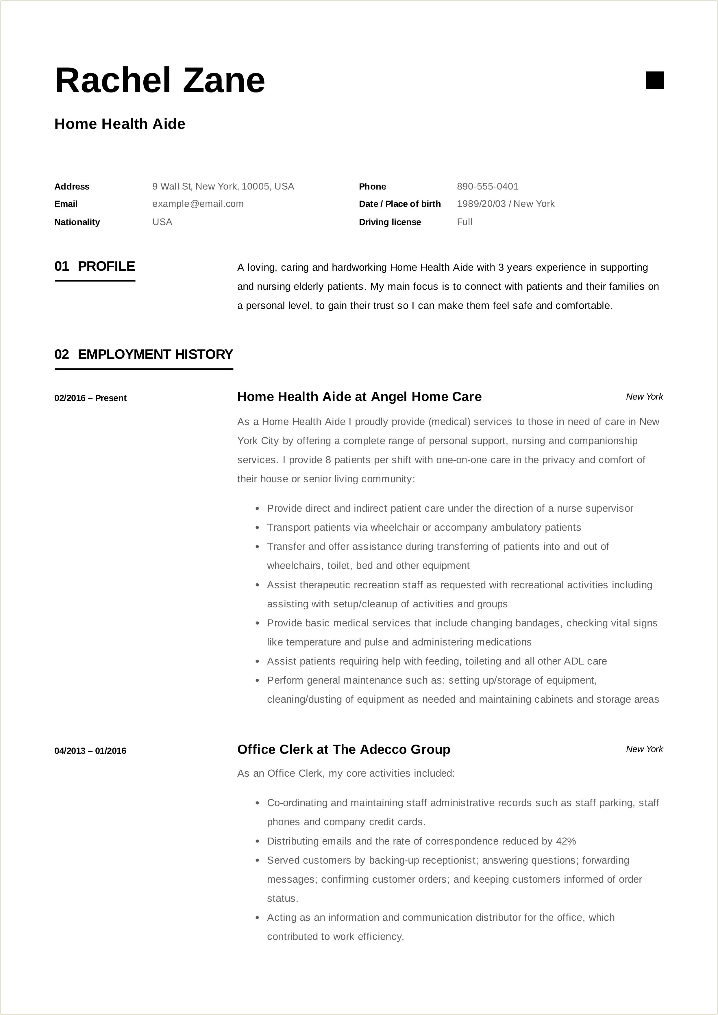 Resume Summary Statement For Home Health Aide