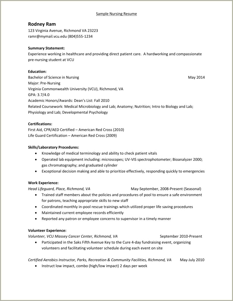Resume Summary Statement For Nursing Student