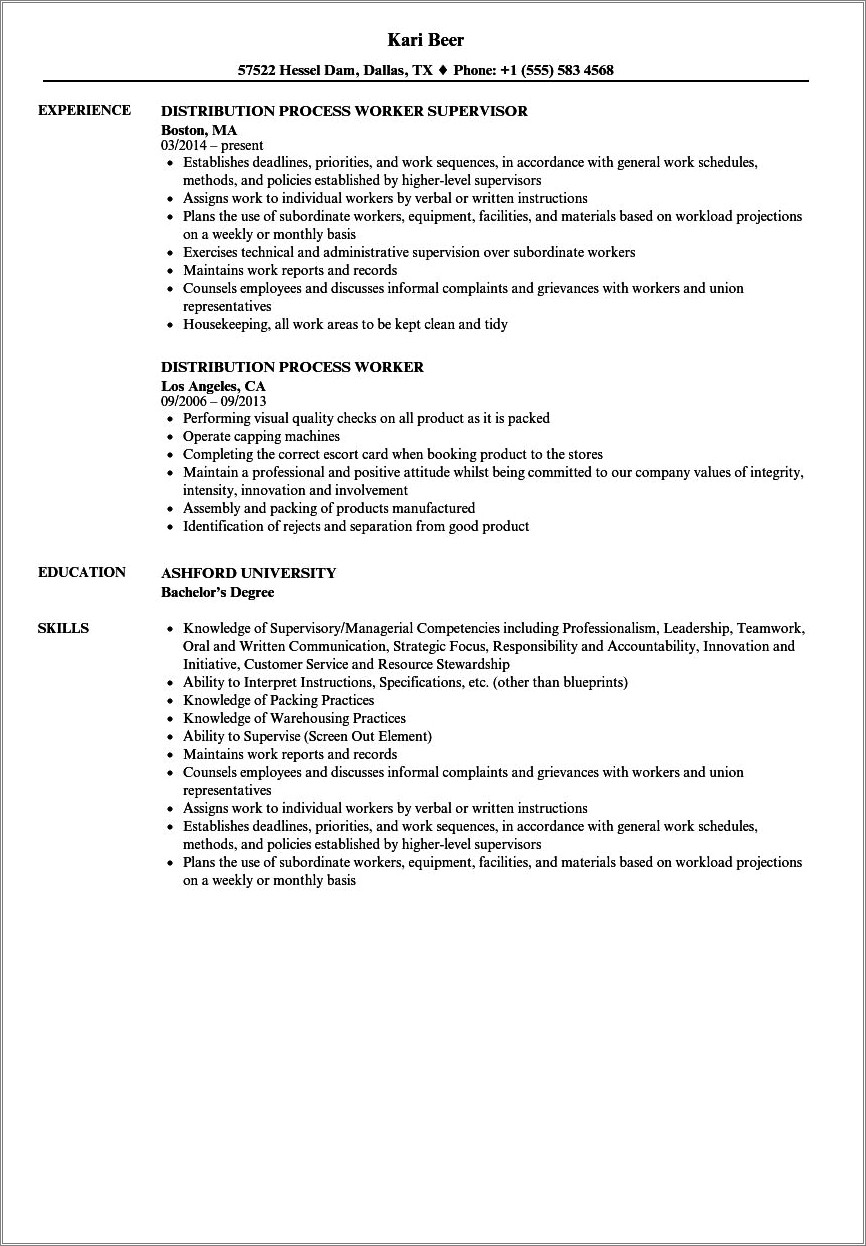Resume Summary Statement For Process Worker