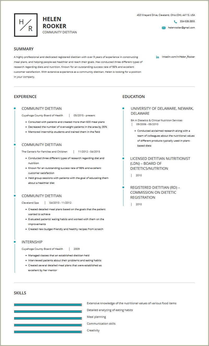 Resume Summary Statement For Registered Dietitian