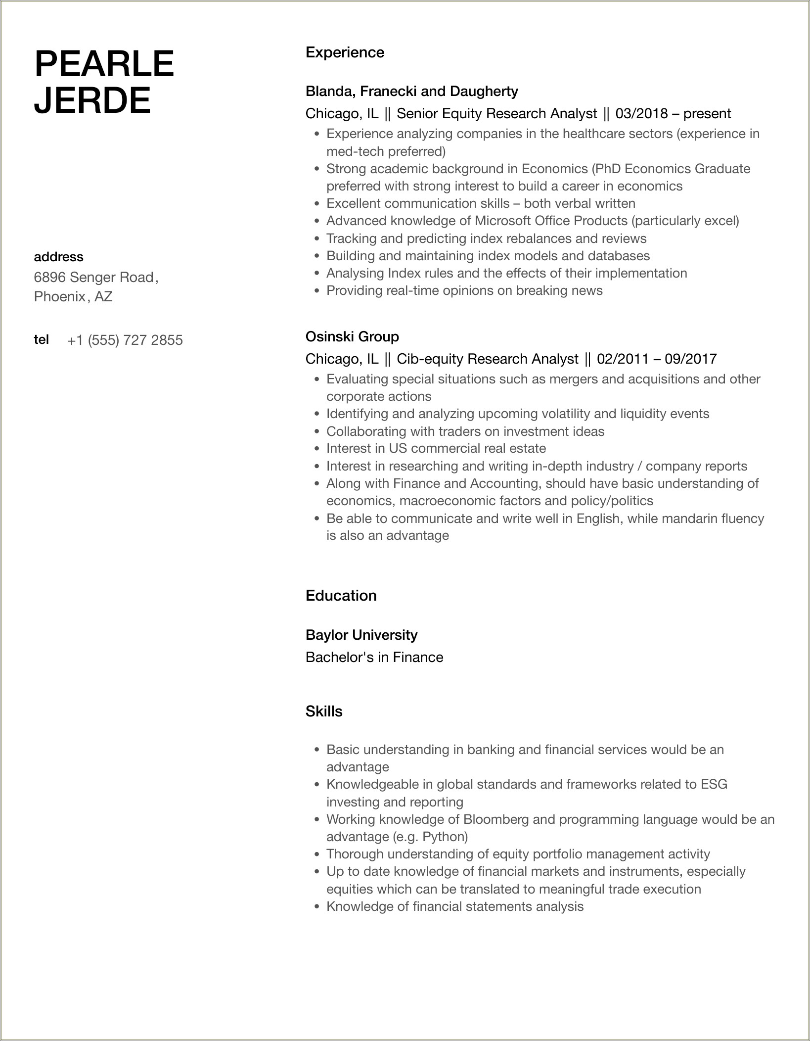 Resume Summary Statement Of Equity Researcher
