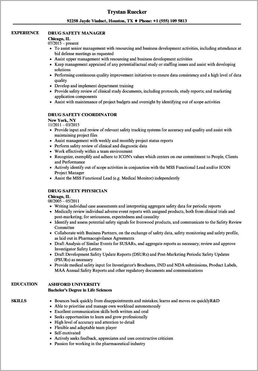 Resume Summray Drug Safety Associate Cv Sample