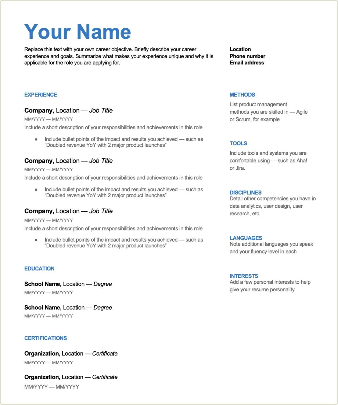 Resume Tempaltes For Digital Product Work