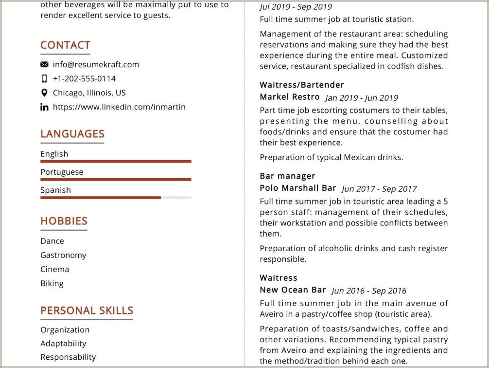 Resume Template Bartender No Experience With Photo
