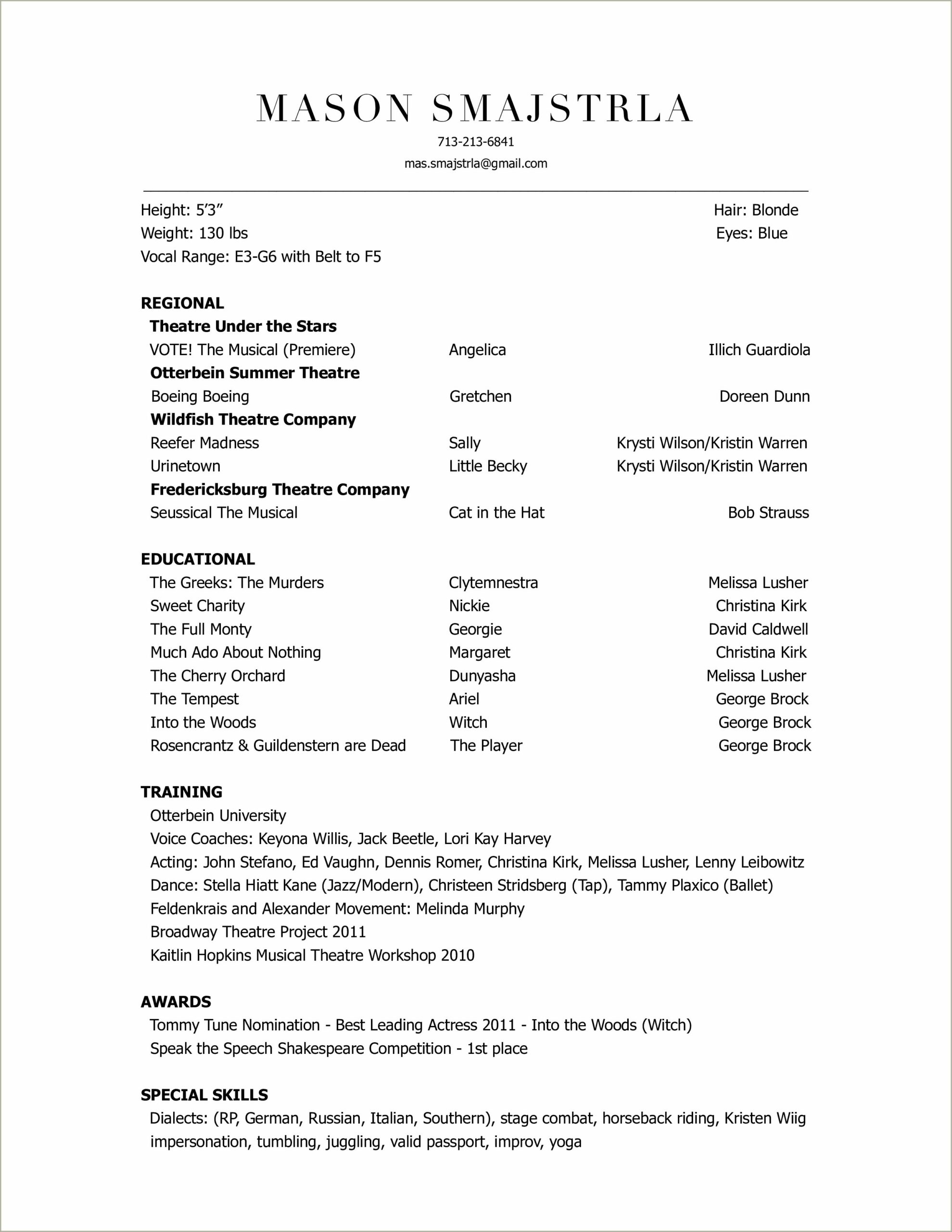 Resume Template Dyer Painter Costumes Theater
