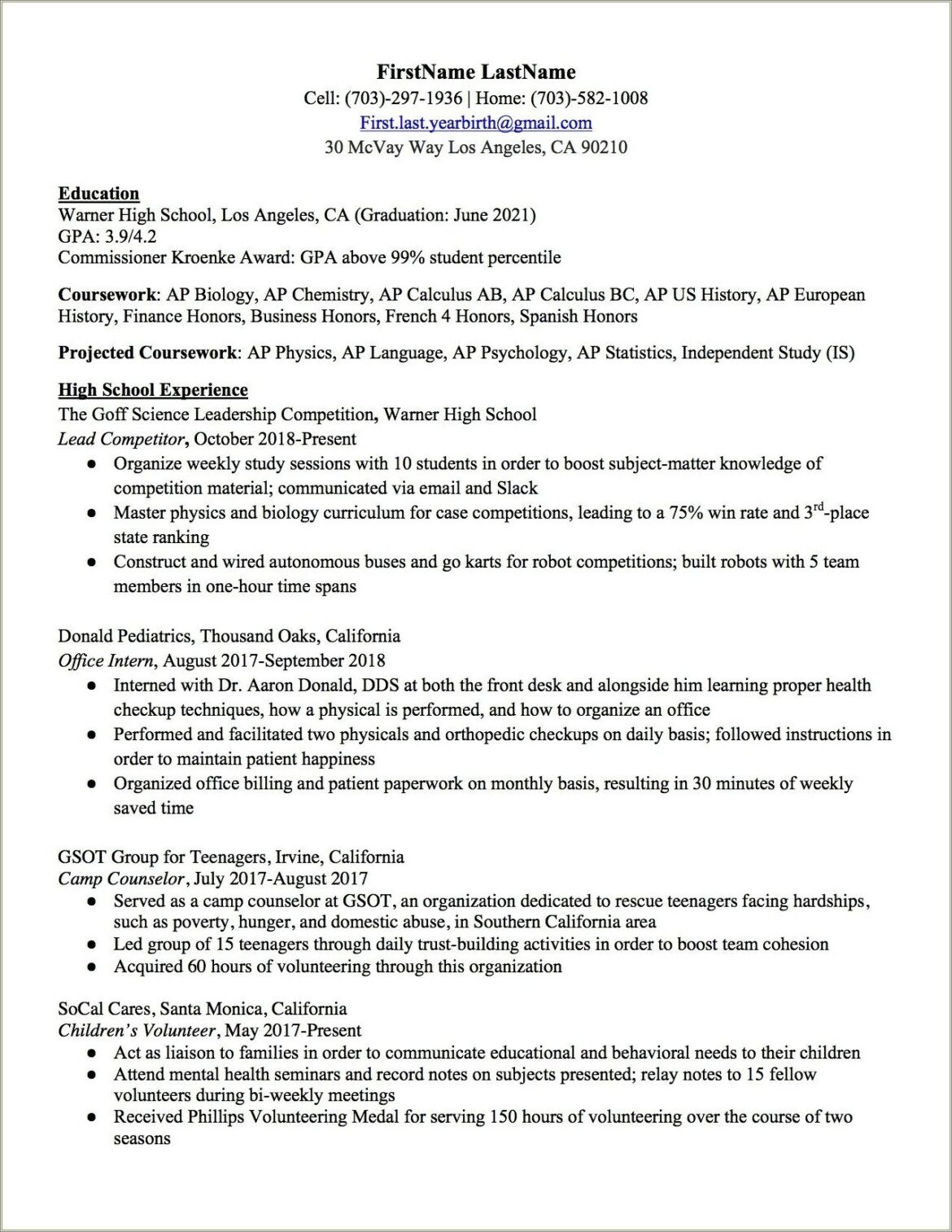 Resume Template First Job High School