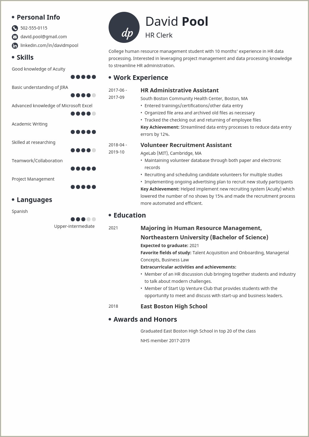 Resume Template First Year College Umass Amherst