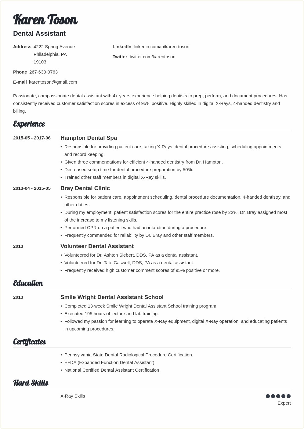 Resume Template For A Dental Assistant