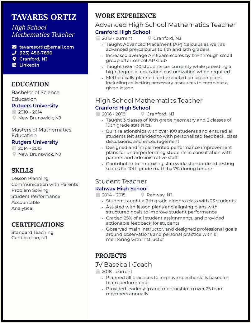 Resume Template For A Midlevel Career Tracher