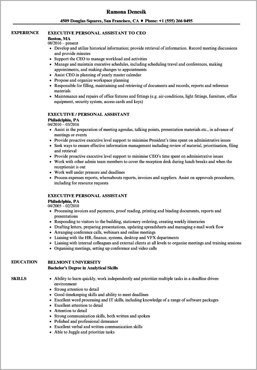 Resume Template For Administrative Personal Assistant