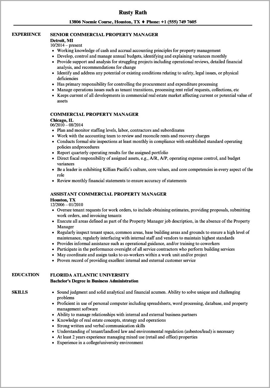 Resume Template For Apartment Property Manager