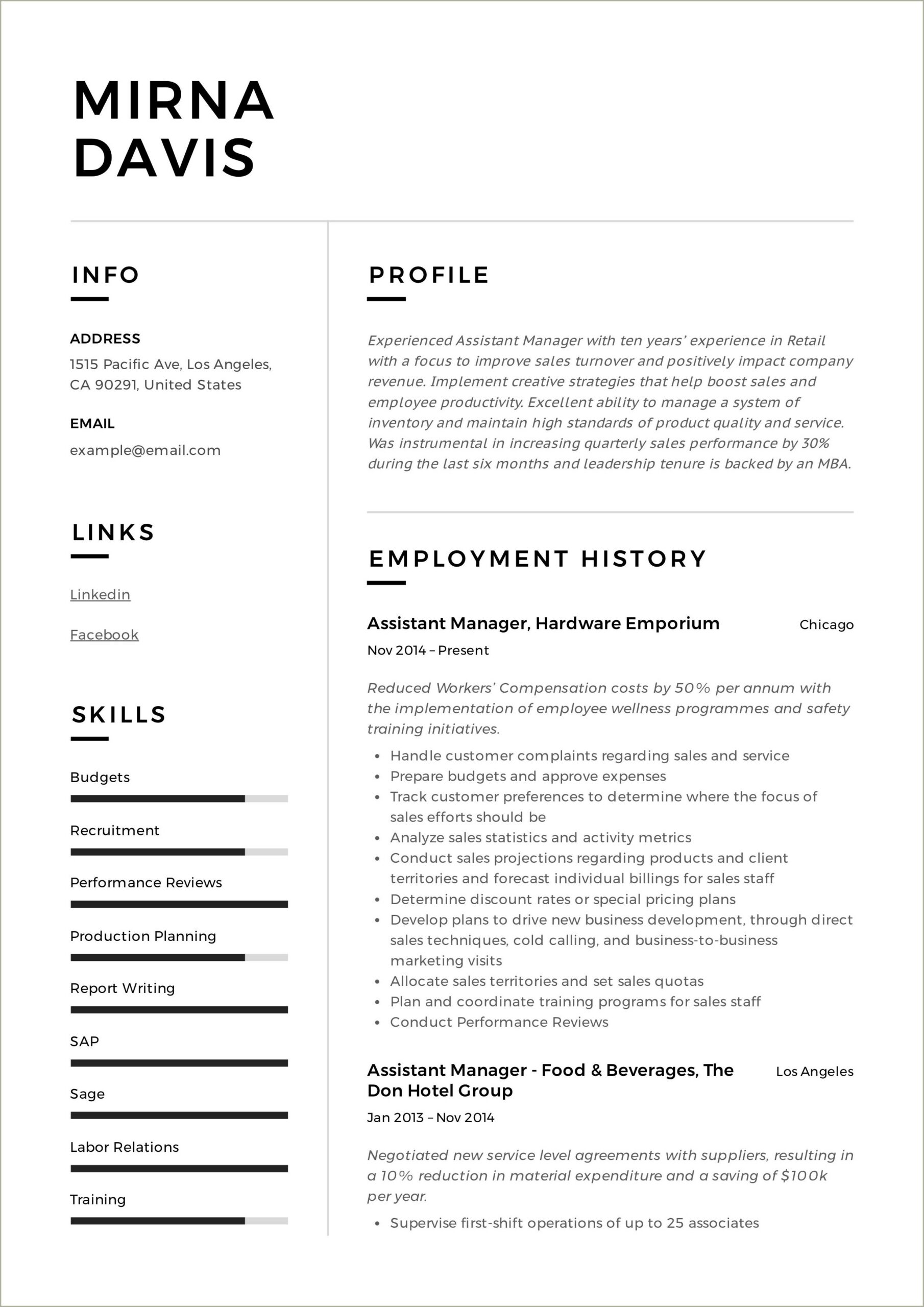 Resume Template For Assistant Store Manager