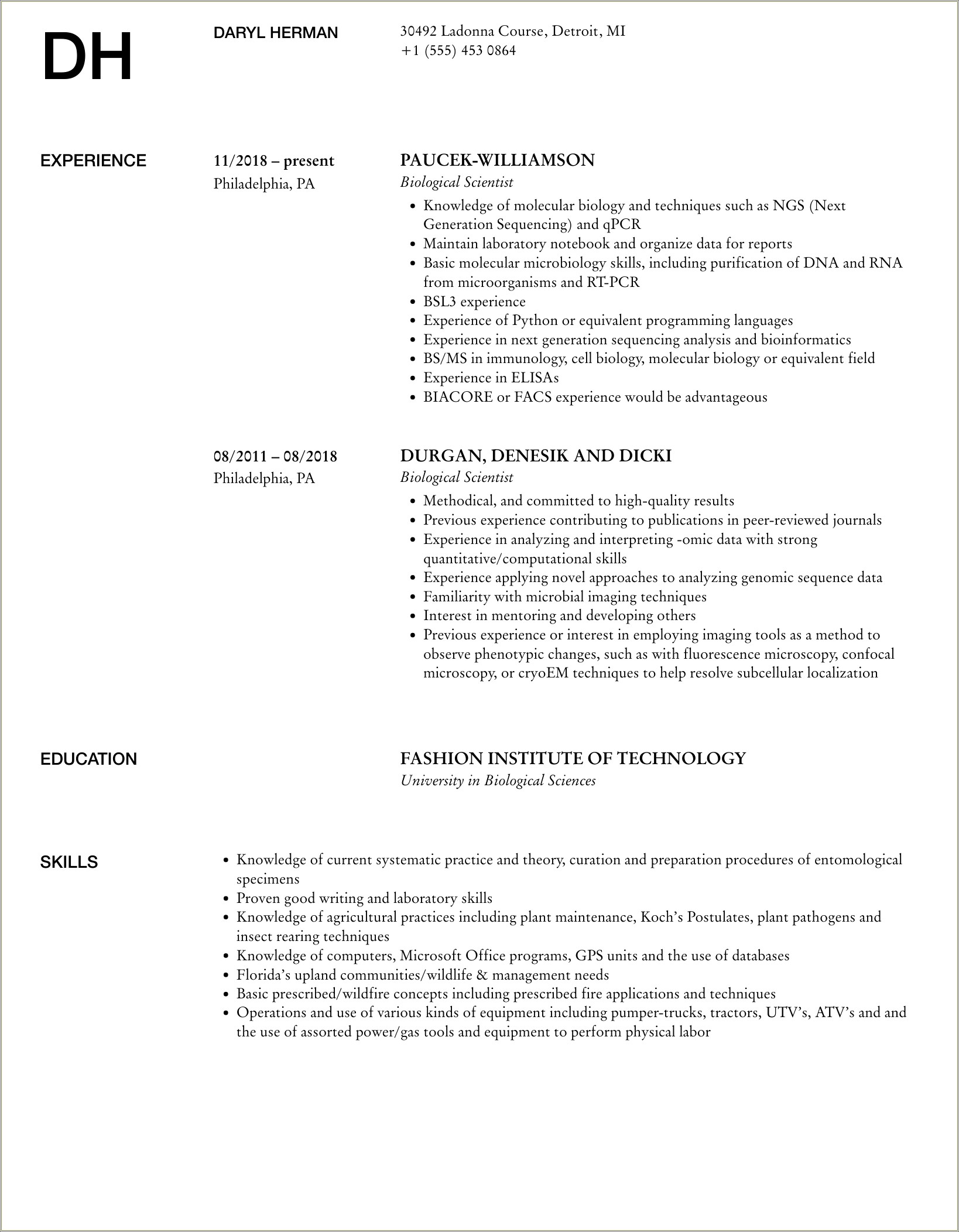 Resume Template For Biological Science Unh