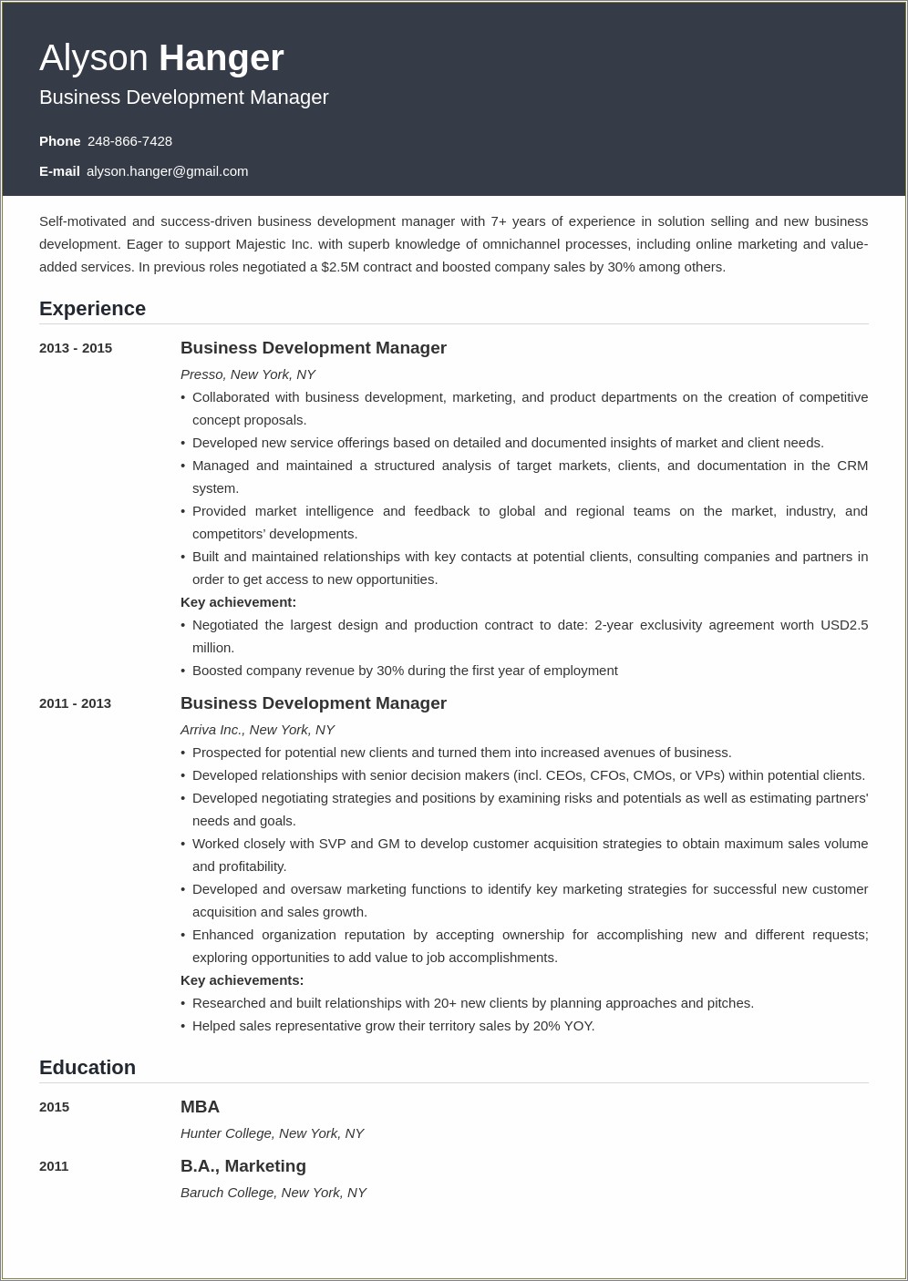 Resume Template For Business Development Manager