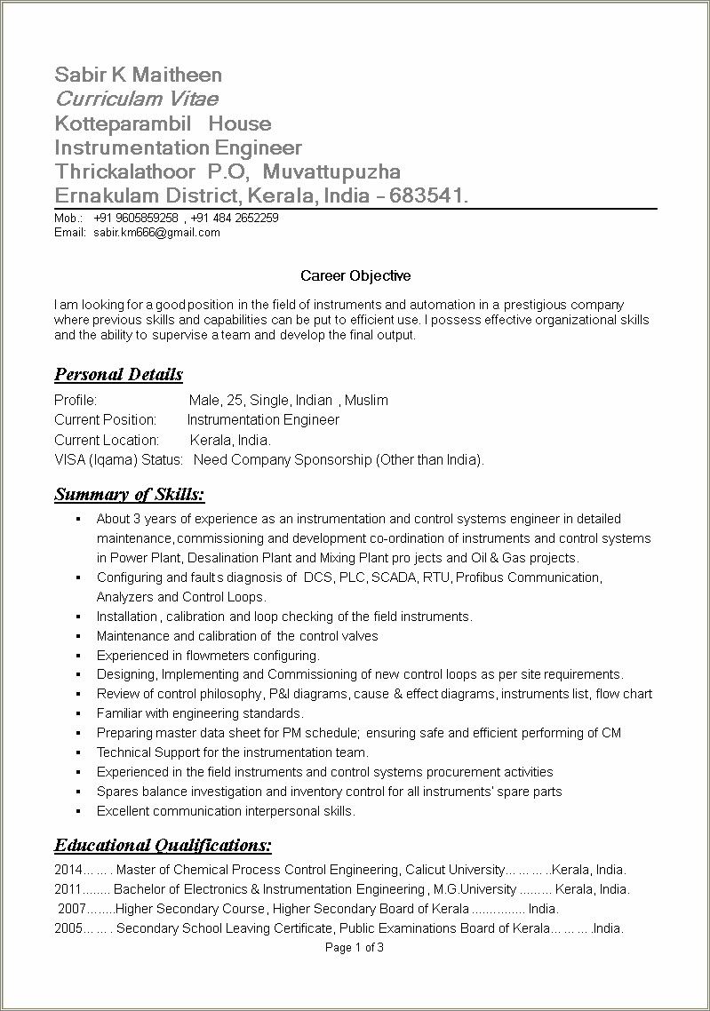 Resume Template For Chemical Industry With Objective