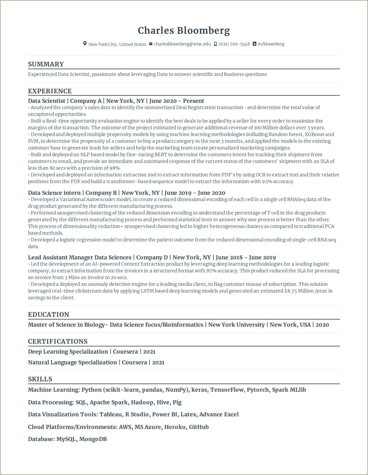 Resume Template For College Student Bio Bioinformatics