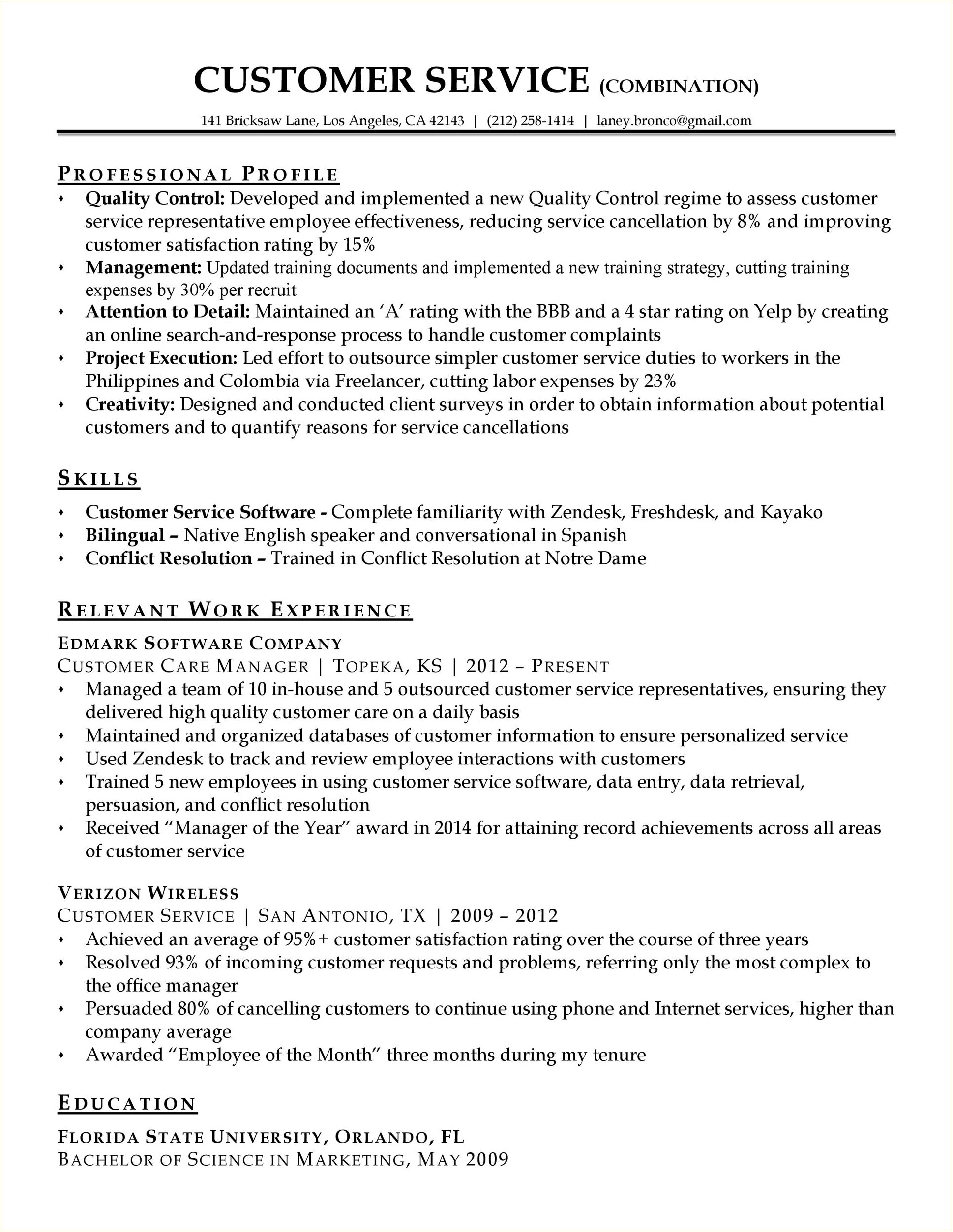 Resume Template For Customer Relationship Manager