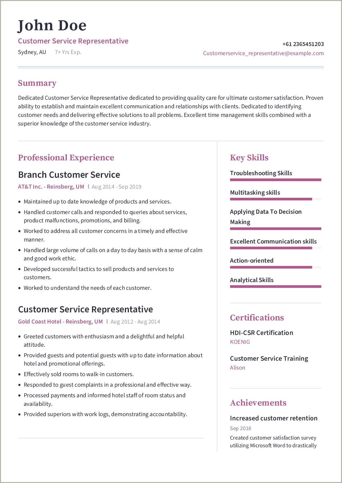 Resume Template For Customer Service Representative