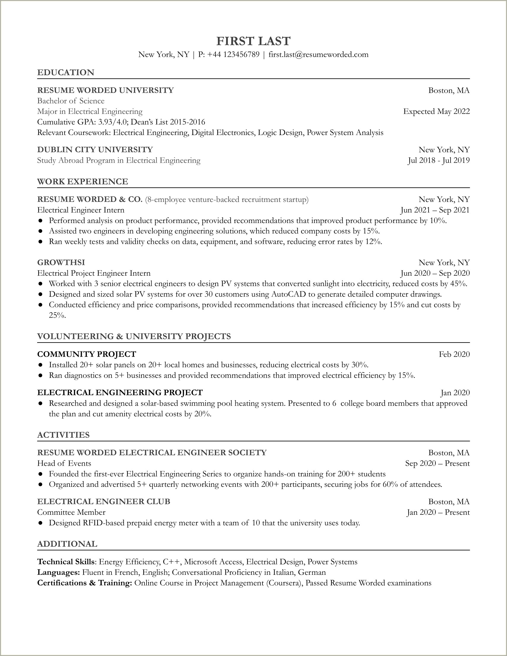 Resume Template For Electrical Manager Position