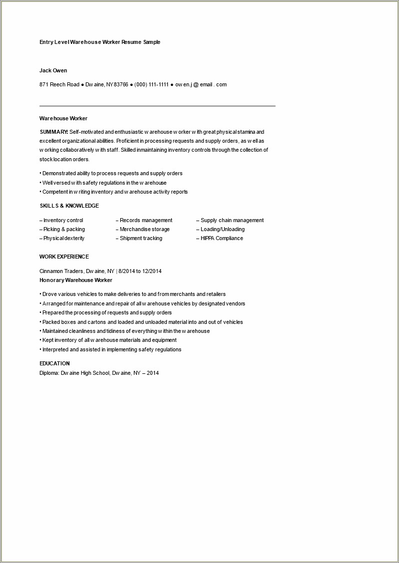 Resume Template For Entry Blue Collar Worker
