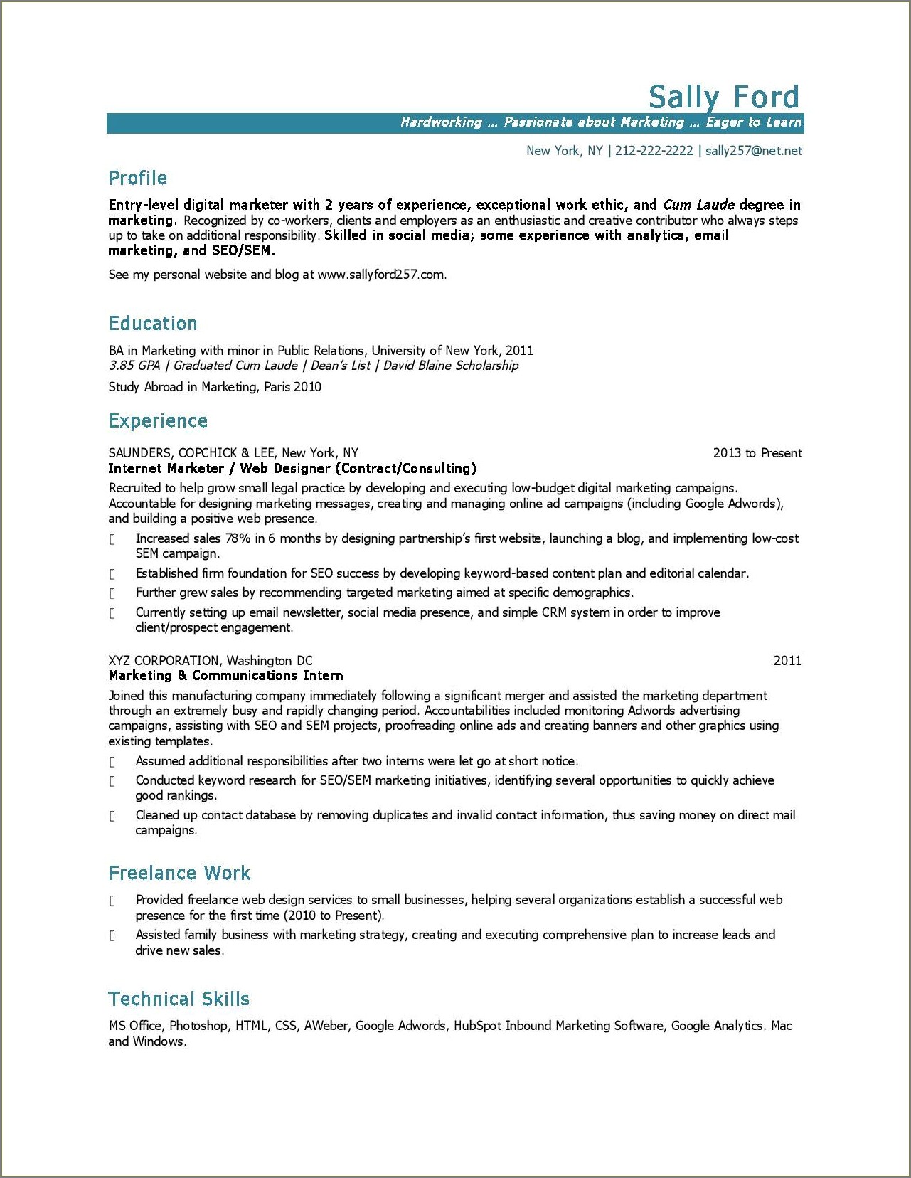 Resume Template For Entry Level Marketing
