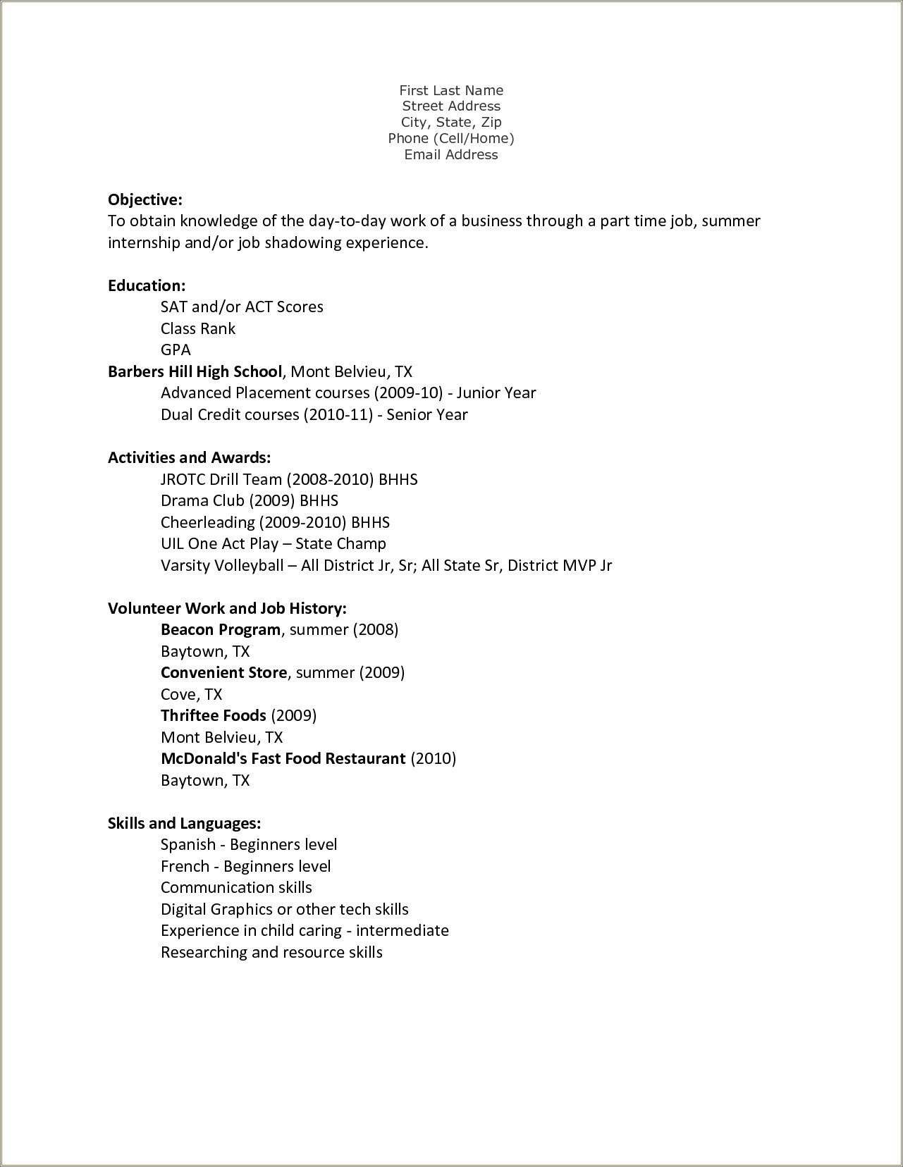 Resume Template For First Job Higschool Student