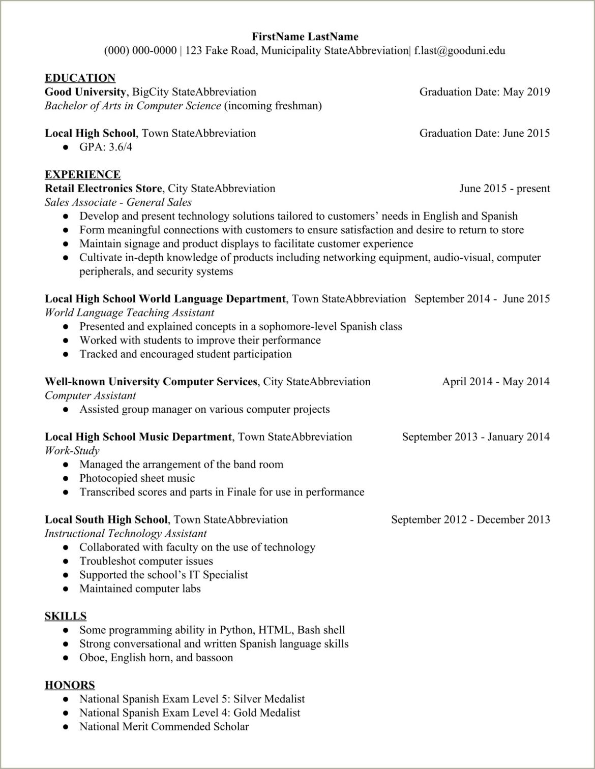 Resume Template For Freshman In College