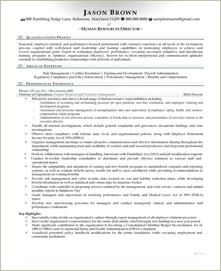 Resume Template For Human Resources Vice President