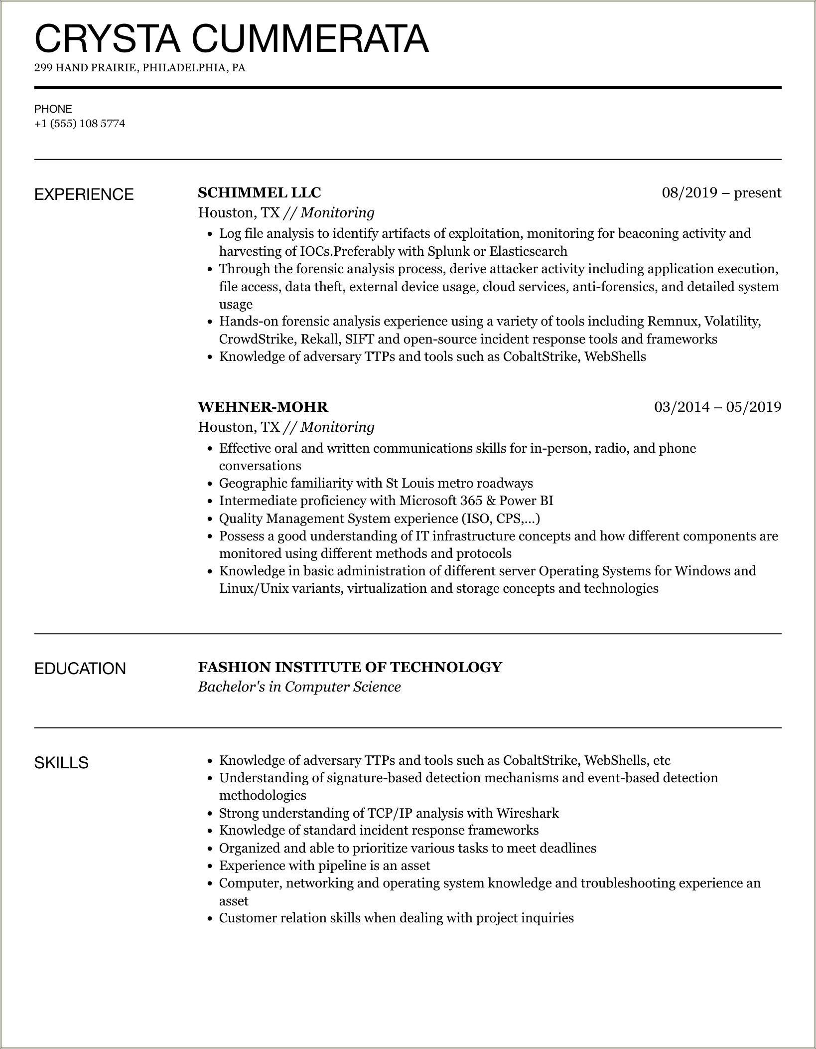 Resume Template For Incidents Monitoring Team In It
