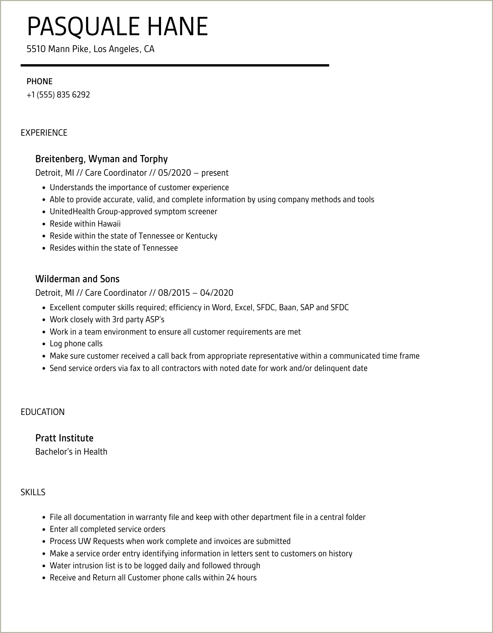 Resume Template For Mediciad Waiver Care Coordinator
