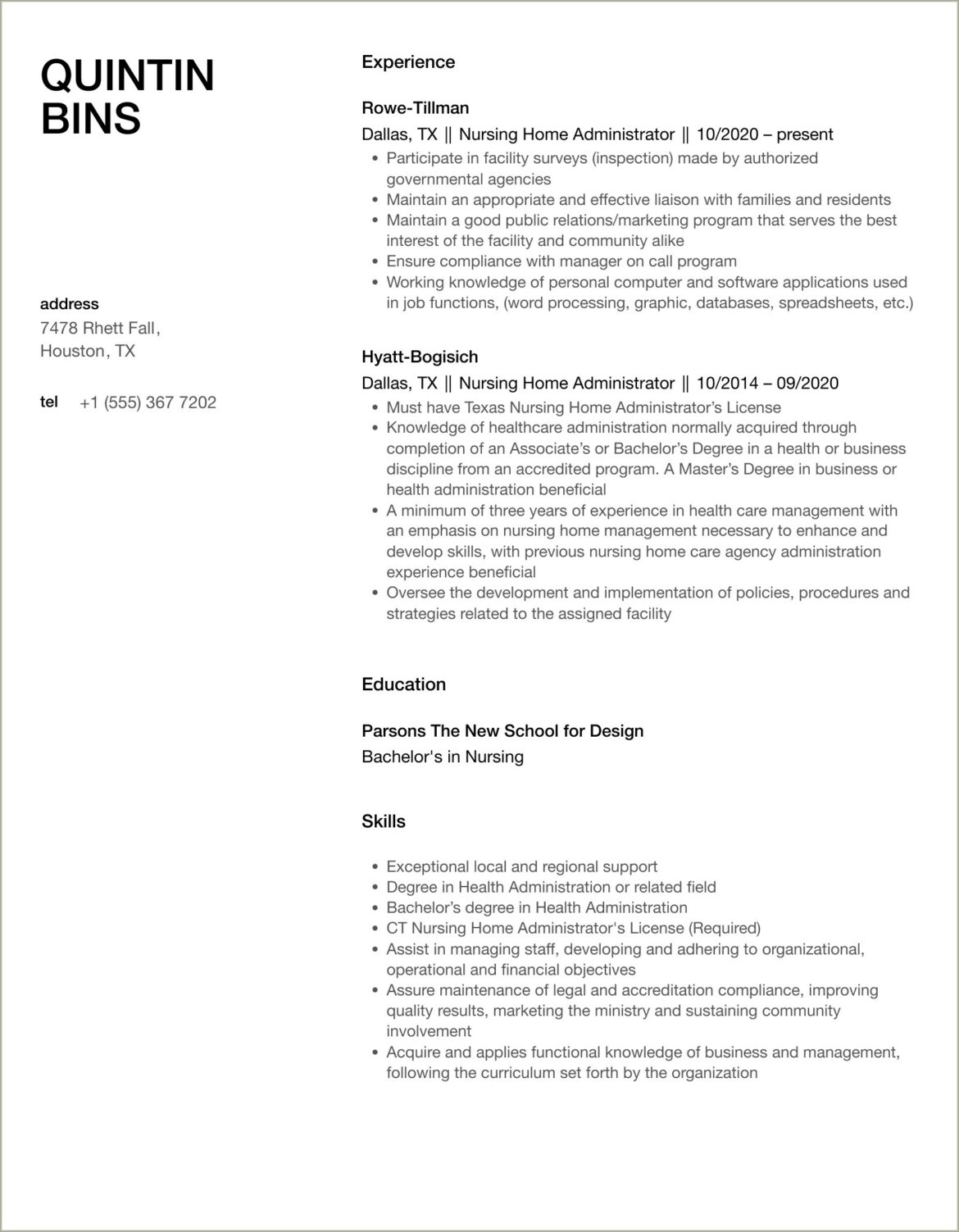 Resume Template For Nursing Home Administrator