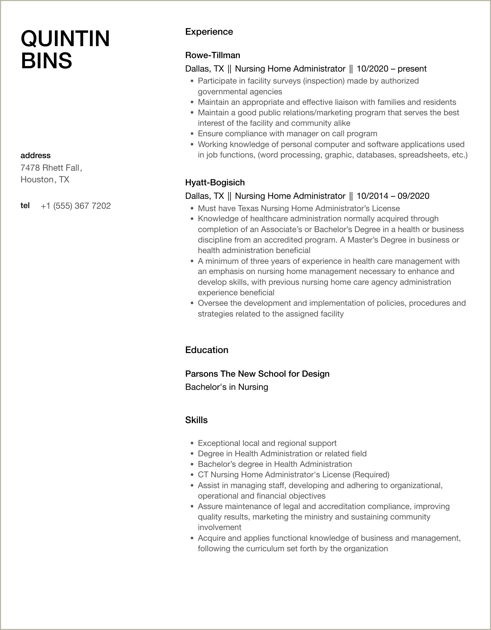 Resume Template For Nursing Home Administrator