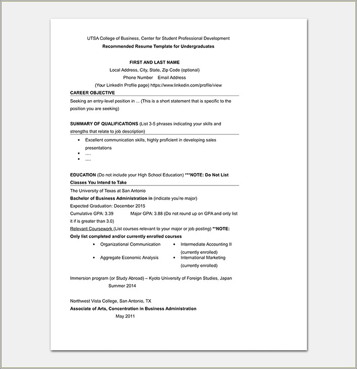 Resume Template For On Campus Job