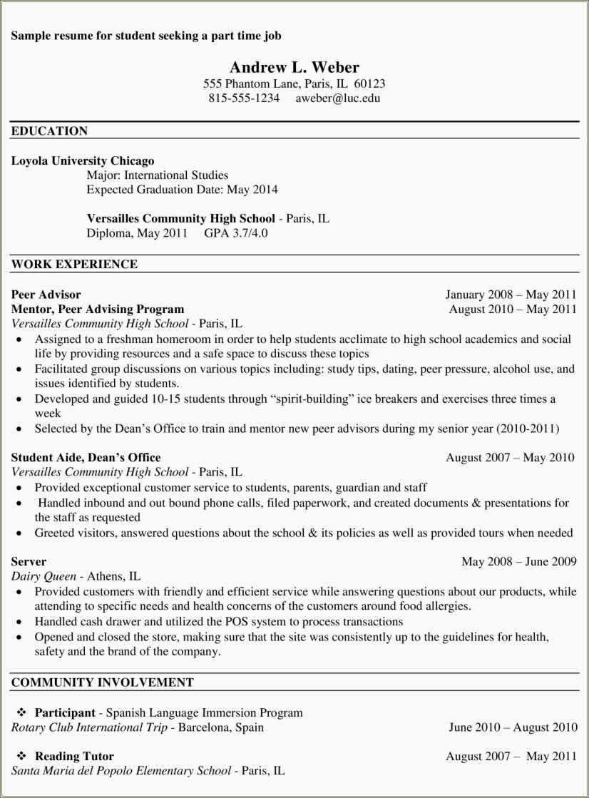 Resume Template For Part Time Job For Free